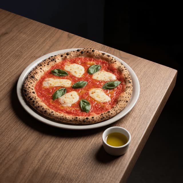 Pizza Margherita DOC napolitana al horno de leña vista cenital con mozzarella burbujeada y albahaca — fotografía hero de menú de pizza