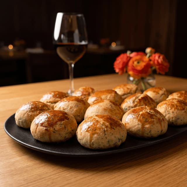 Golden garlic knots with Pecorino Romano and fresh parsley in cast iron skillet — pizzeria appetizer photography