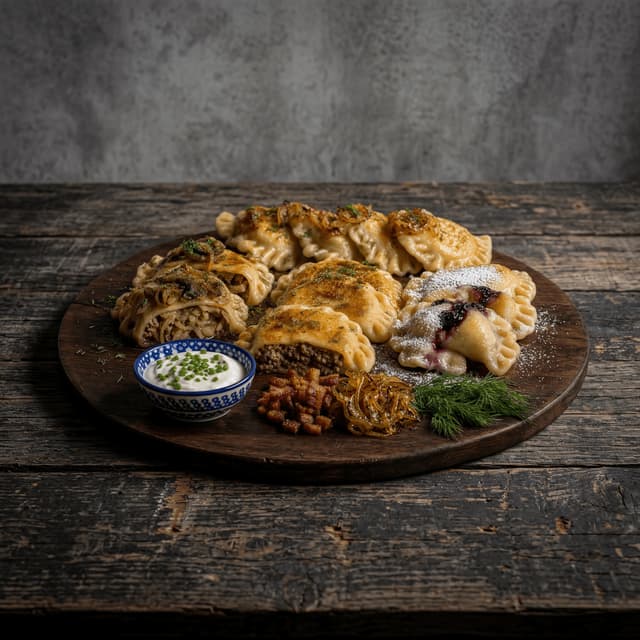 Pierogi varieties ruskie sauerkraut sweet pleated edge dark walnut board — pierogi card photography