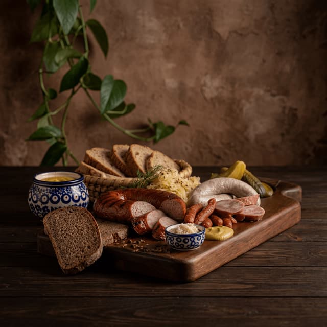 Kielbasa polish sausage grilled char casing snap mustard horseradish rustic dark — kielbasa card photography