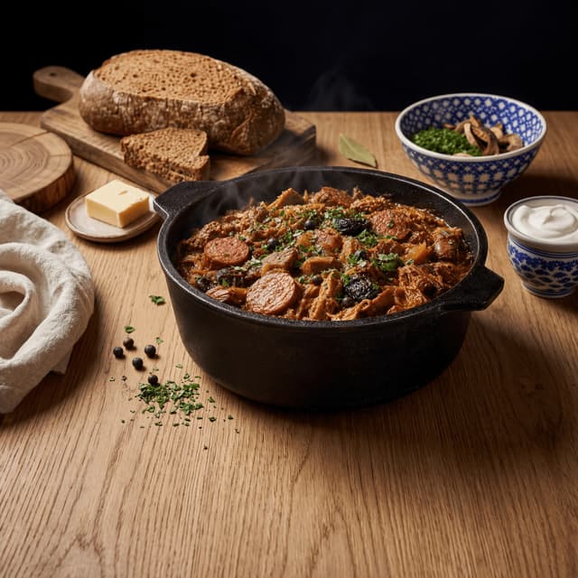 Bigos hunter stew sauerkraut meats mushrooms rye bread cozy warm wood — bigos card photography