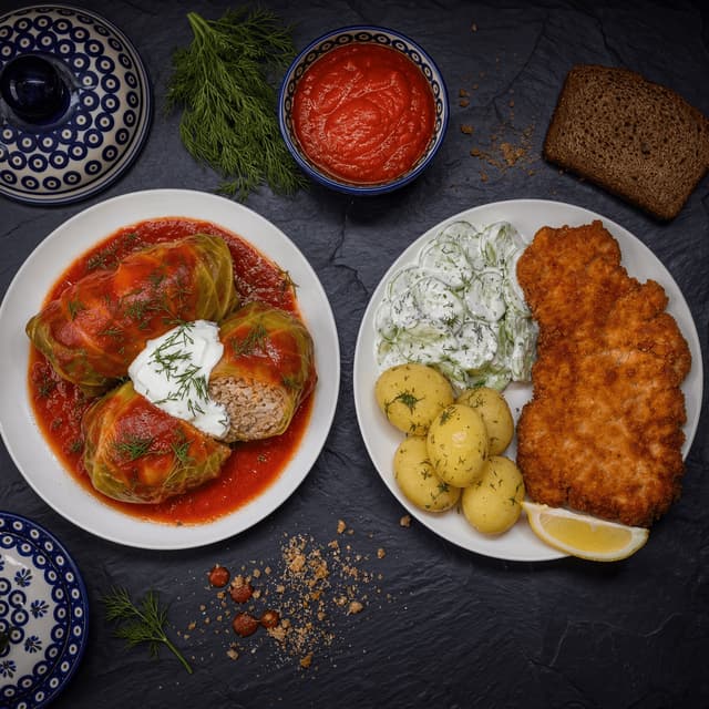 Golabki cabbage rolls tomato kotlet schabowy schnitzel overhead slate — golabki card photography