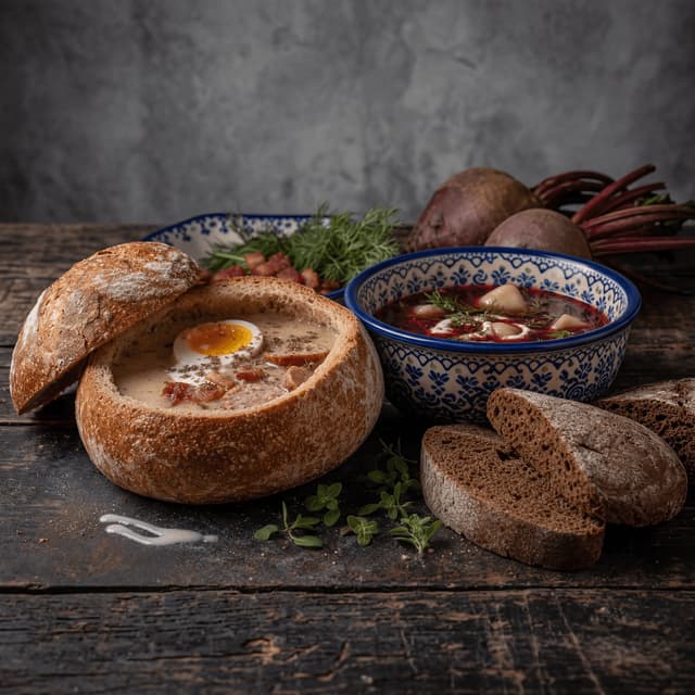 Zurek sour rye soup barszcz beet broth bread bowl dark monolith — zurek card photography