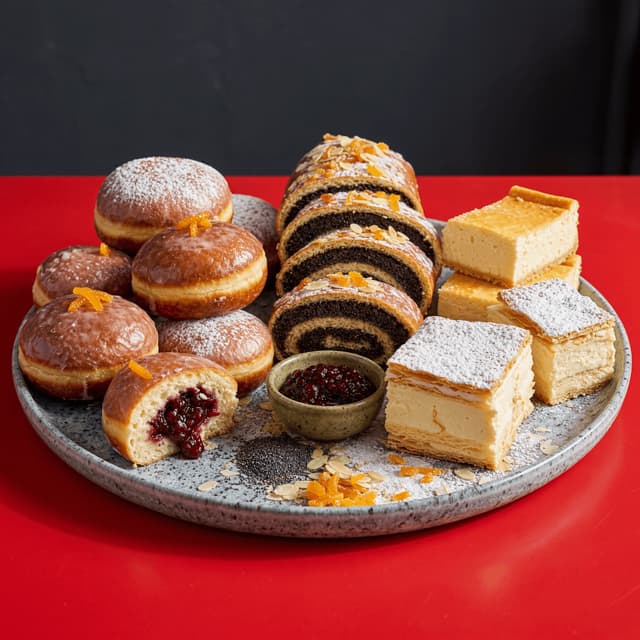 Paczki polish pastries makowiec poppy seed roll powdered sugar red bakery — paczki card photography
