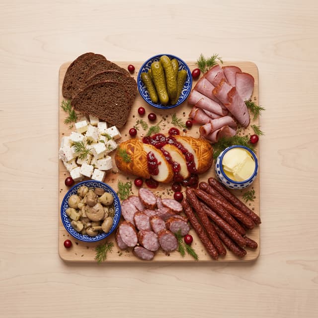 Oscypek smoked tatra sheep cheese cranberry polish deli board overhead light wood — oscypek card photography