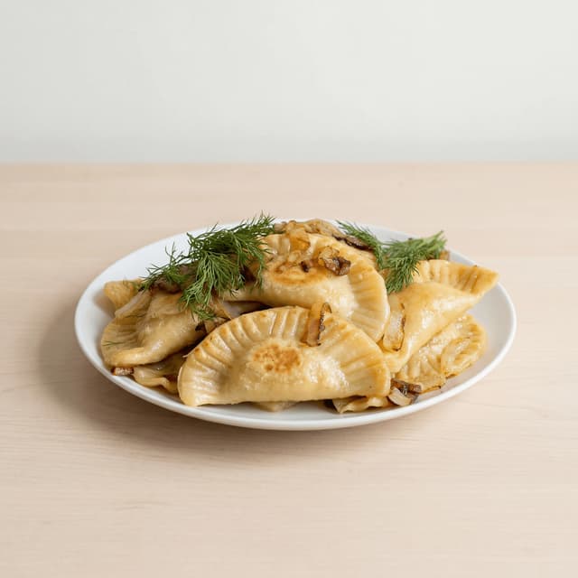 Pierogi golden butter fried caramelized onion sour cream pleated edge plate — pierogi hero photography