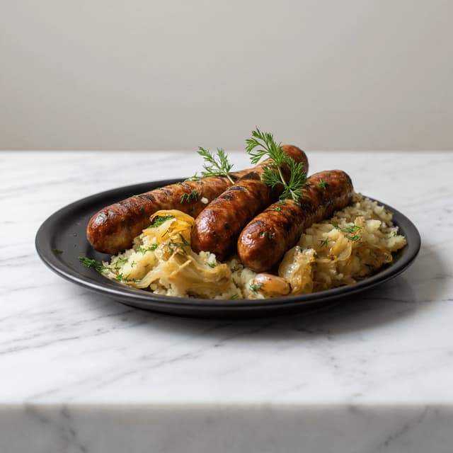 Kielbasa grilled polish sausage char casing snap mustard horseradish plate — kielbasa hero photography