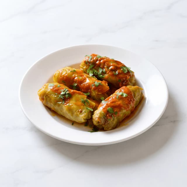 Golabki stuffed cabbage rolls tomato sauce dill plate — golabki hero photography