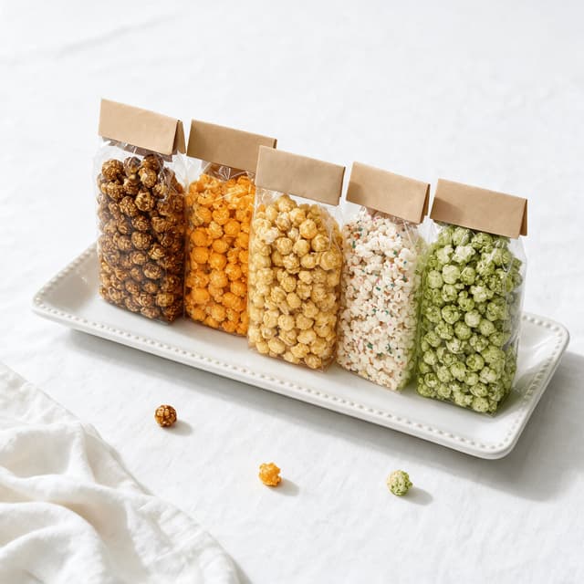 Row of five sealed clear snack bags in different flavours shot together on a bright white sweep