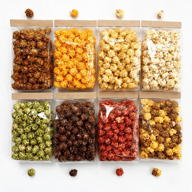 Overhead grid of eight sealed snack bags each a different popcorn flavour laid out as one matching set