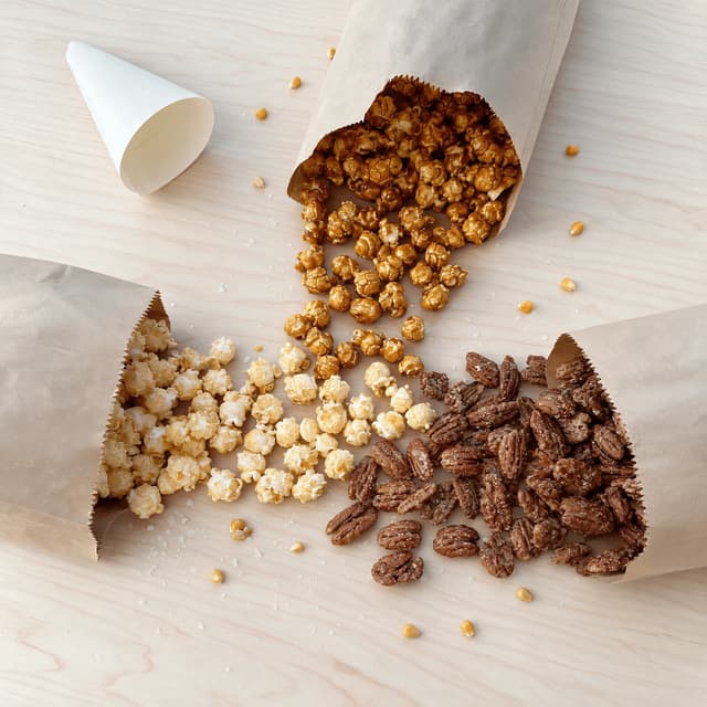 Overhead scene of three open snack bags with popcorn and nuts spilling out across pale wood