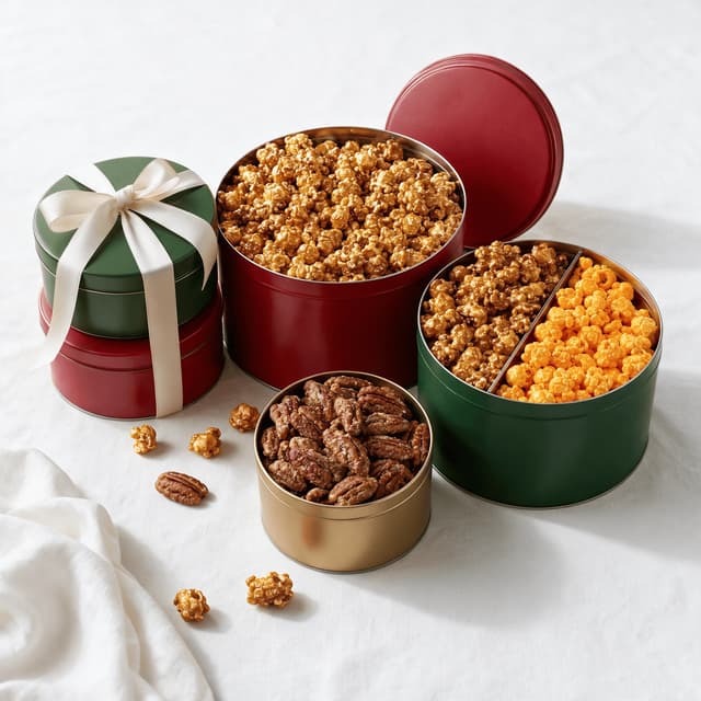 Cluster of round holiday snack tins some open with caramel corn and ribbon coiled between them