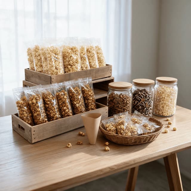 Craft fair table display with wooden crates tiered bags of popcorn and glass jars of candied nuts
