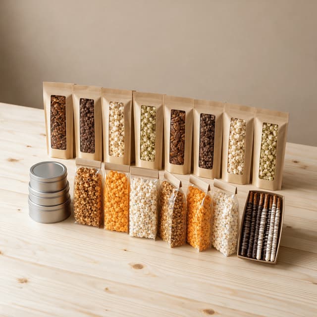 Retail shelf set with rows of kraft stand-up pouches and clear snack bags facing out under even light
