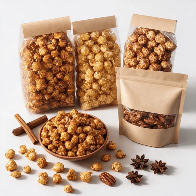 Autumn seasonal spread of pumpkin spice caramel corn maple pecans and cinnamon popcorn in blank packs