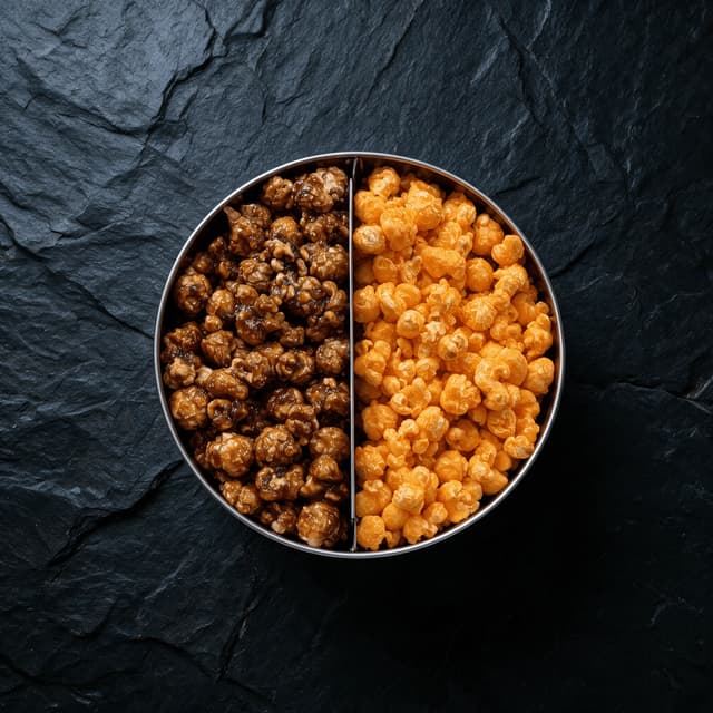 Open round metal tin divided into halves of glossy caramel corn and bright orange cheddar corn