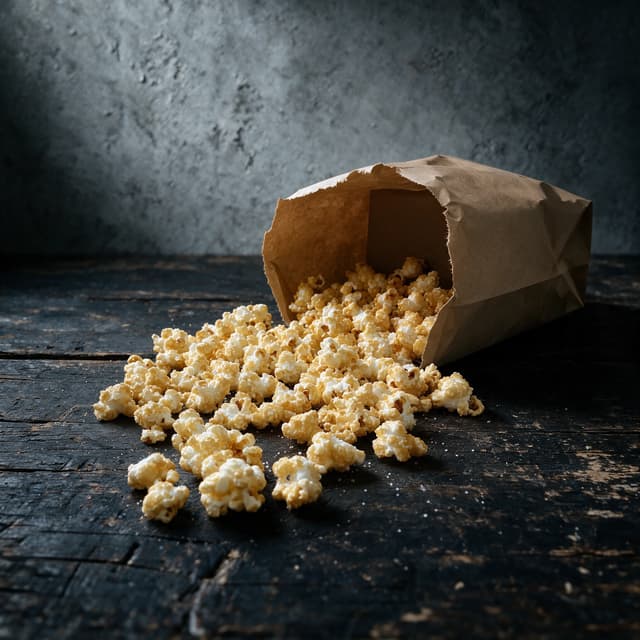 Open kettle corn bag tipped on its side with pale golden kernels spilling out across pale wood
