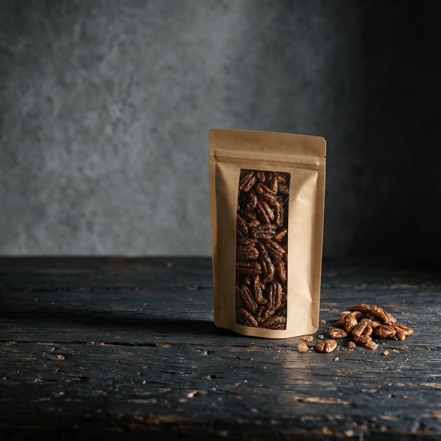 Kraft stand-up pouch with a clear window showing glazed candied pecans on dark wood