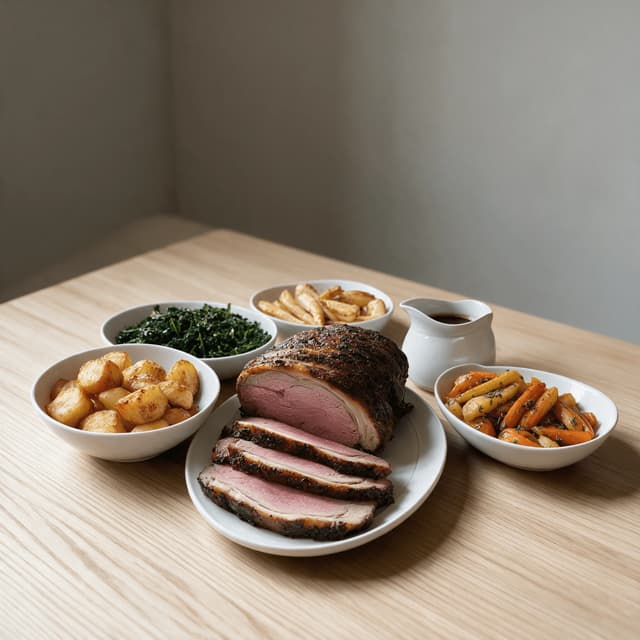 Family style dinner spread with a carved roast joint, roast potatoes, greens, parsnips and gravy on a pale wooden dining table