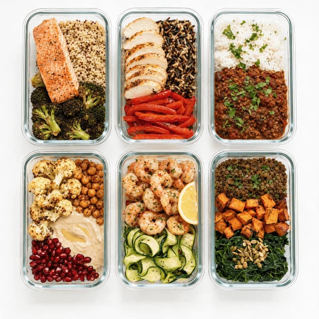 Six clear glass meal prep containers filled with different balanced meals shot from directly above on a clean white surface