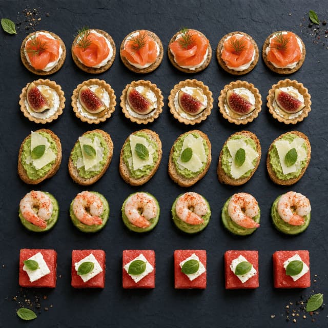 Overhead tray of assorted canapes including salmon blinis, tartlets, pea crostini, prawn bites and melon squares in neat rows on dark slate