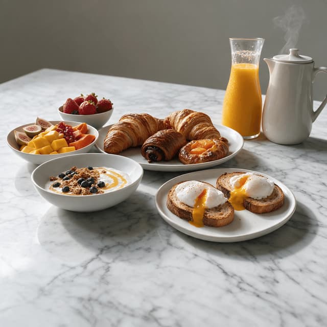 Bright breakfast spread with pastries, fresh fruit, yogurt bowls, poached eggs and juice on a white marble counter