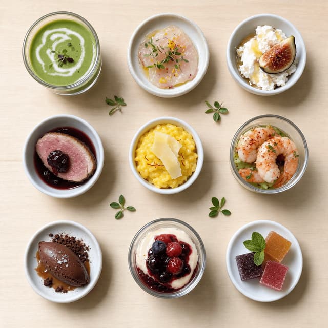 Nine small tasting portions in miniature dishes arranged in a neat grid on pale blonde wood shot from above