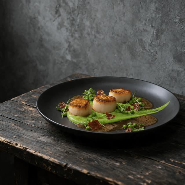 Three seared sea scallops with a green pea puree swoosh and brown butter sauce plated on a matte black stoneware plate
