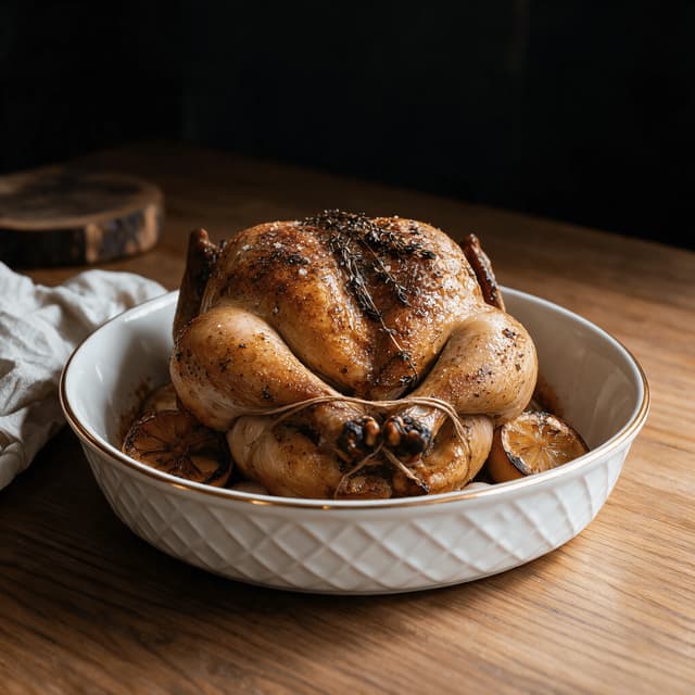 Whole roast chicken with burnished golden skin, lemon halves and thyme in a shallow ceramic roasting dish on an oak table