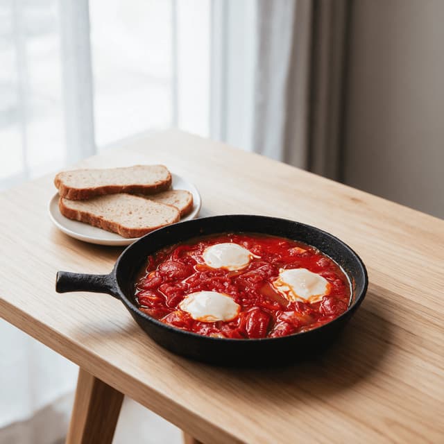 Shakshuka with three poached eggs in a rich red tomato and pepper sauce served in a small cast-iron pan beside a plate of sliced bread