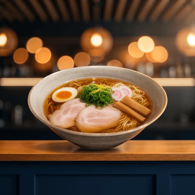 Tokyo shoyu ramen clear amber broth chicken base — shoyu ramen card photography