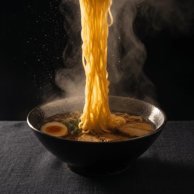Suspended ramen noodle pull mid air backlit dramatic — noodle pull card photography