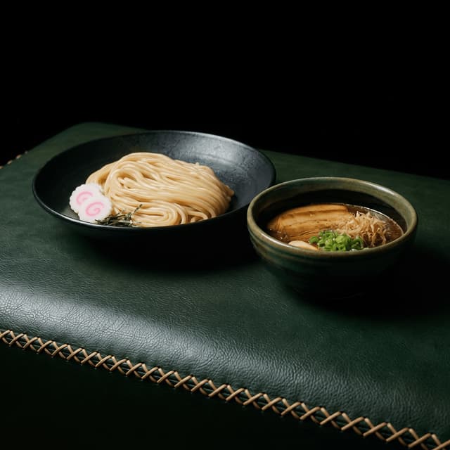 Tsukemen dipping ramen separate plate noodles broth bowl chashu — Tokyo tsukemen card photography