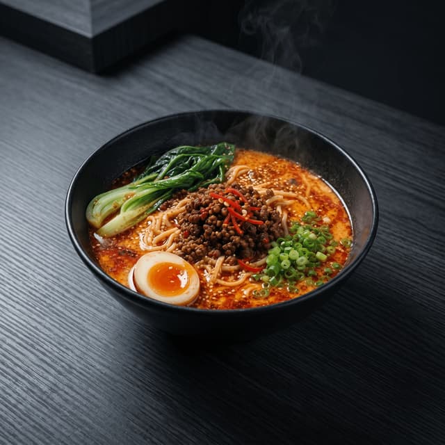 Tantanmen spicy ramen red chili oil sesame paste ground pork — spicy ramen card photography