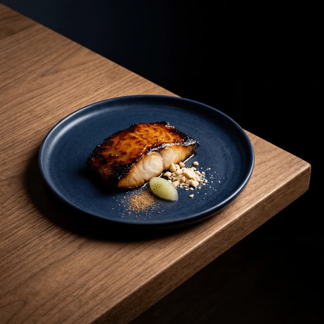 Pan-seared main course with sauce and vegetables — restaurant entrée menu photography