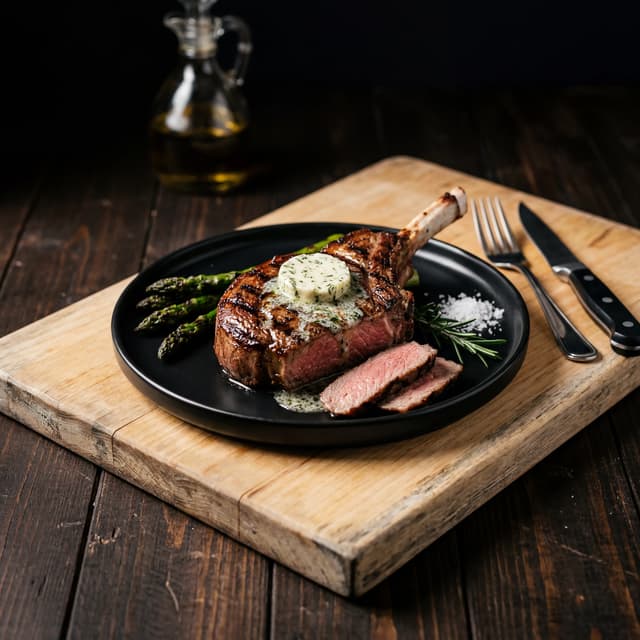 Bone-in lamb chop with herb butter and char marks — steakhouse grill restaurant photography
