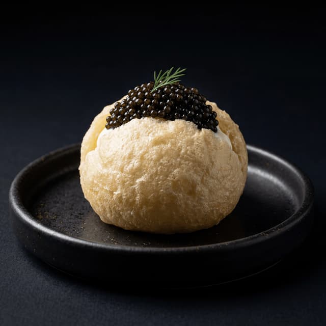 Molecular pesto spheres on white plate — modern restaurant food photography