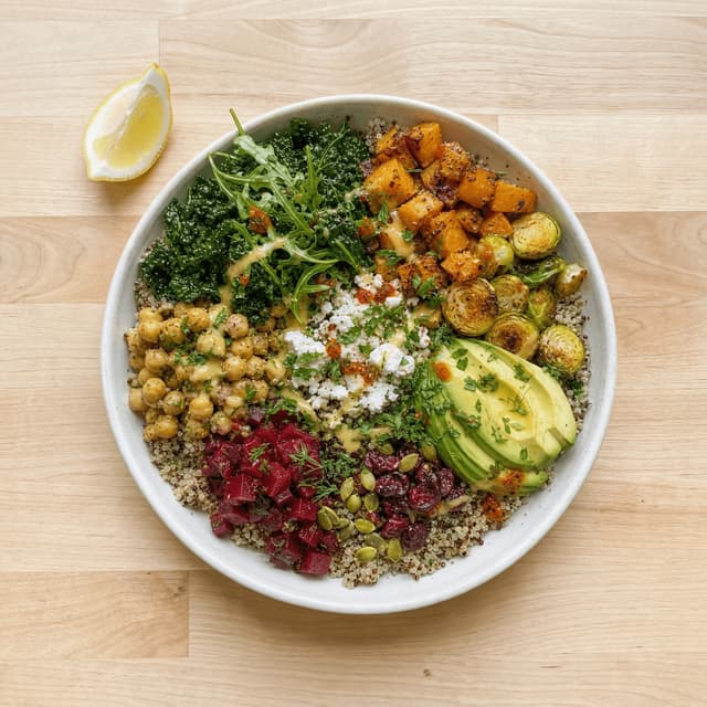Quinoa grain bowl roasted vegetables top down light wood — quinoa bowl card photography