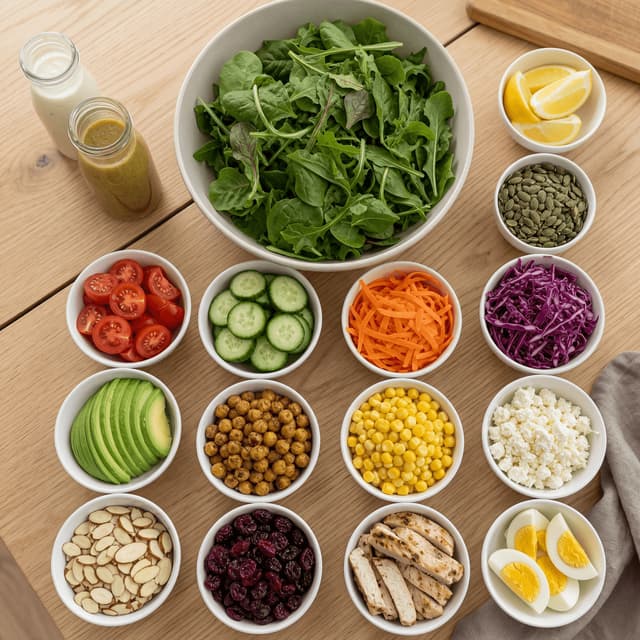 Salad bar topping array ingredient flatlay bright daylight assembly — salad bar card photography