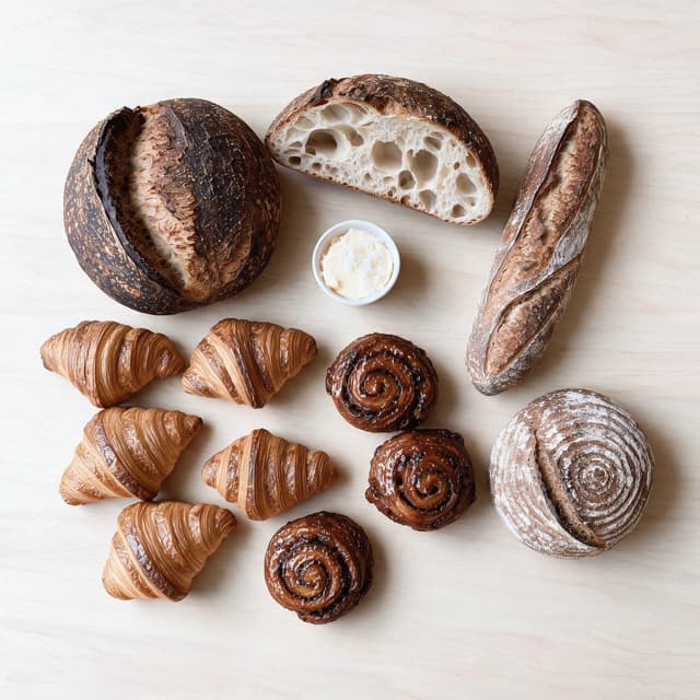 San francisco bakery spread sourdough boules batards open crumb slices laminated croissants morning buns overhead light wood — bakery card photography