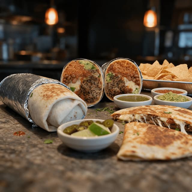 San francisco mission burrito spread foil wrapped burritos cut cross sections rice beans carnitas al pastor salsas guacamole chips — burrito card photography