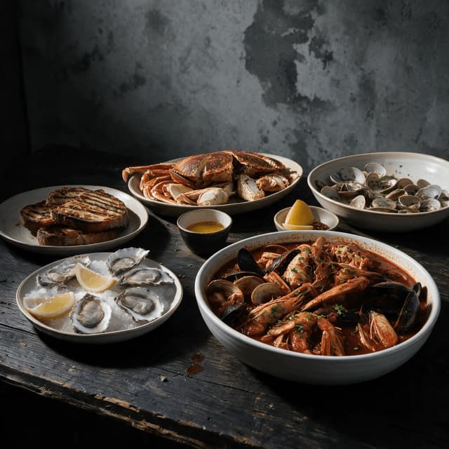 San francisco seafood spread cioppino tomato broth whole cracked dungeness crab oysters on ice prawns mussels grilled sourdough dark wood — seafood card photography