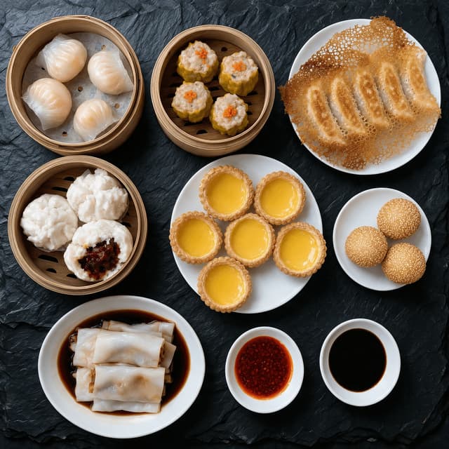 San francisco chinatown dim sum spread bamboo steamers translucent har gow siu mai roe potstickers char siu bao egg tarts overhead dark slate — dim sum card photography