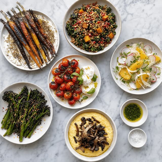 San francisco farm to table spread roasted heirloom carrots labneh grain bowl market salad blistered tomatoes herb oil overhead marble — farm to table card photography