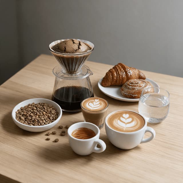 San francisco third wave coffee spread pour over cone blooming grounds cortado rosetta latte art espresso beans light wood cafe counter — coffee card photography