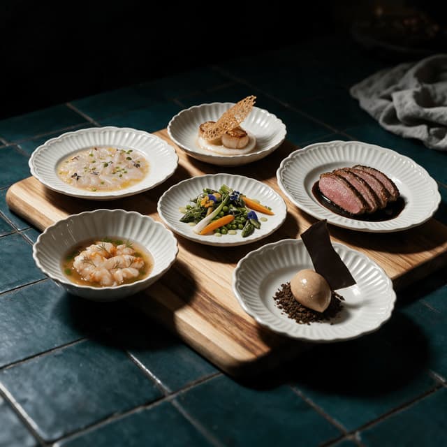 San francisco fine dining spread plated tasting courses crudo seared scallop duck breast vegetable course dessert quenelle teal tile — fine dining card photography