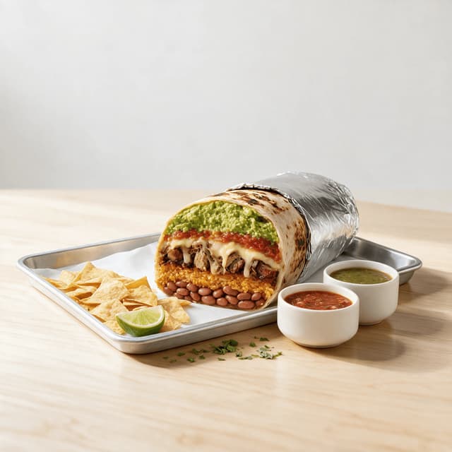 San francisco mission burrito huge foil wrapped cut cross section rice beans carnitas cheese salsa guacamole layers — mission burrito hero photography