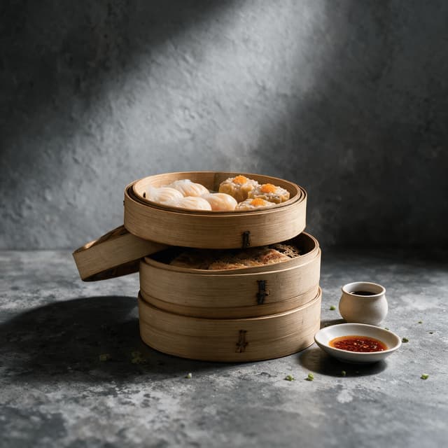 San francisco chinatown dim sum bamboo steamer translucent pleated har gow siu mai roe potstickers chili oil — dim sum hero photography