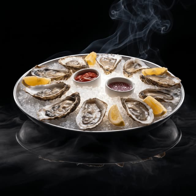 Dozen oysters half shell shaved ice mignonette lemon — raw bar oyster card photography
