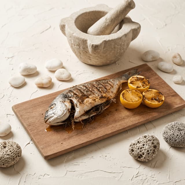Whole roasted dorade wooden board charred lemon herbs — Mediterranean seafood card photography